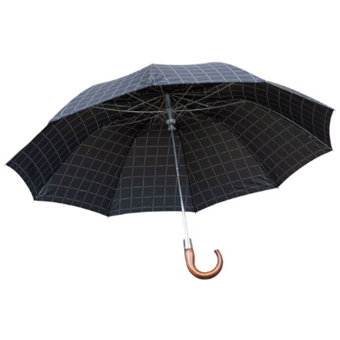 Wooden Crook Handle Black Check Folding Umbrella